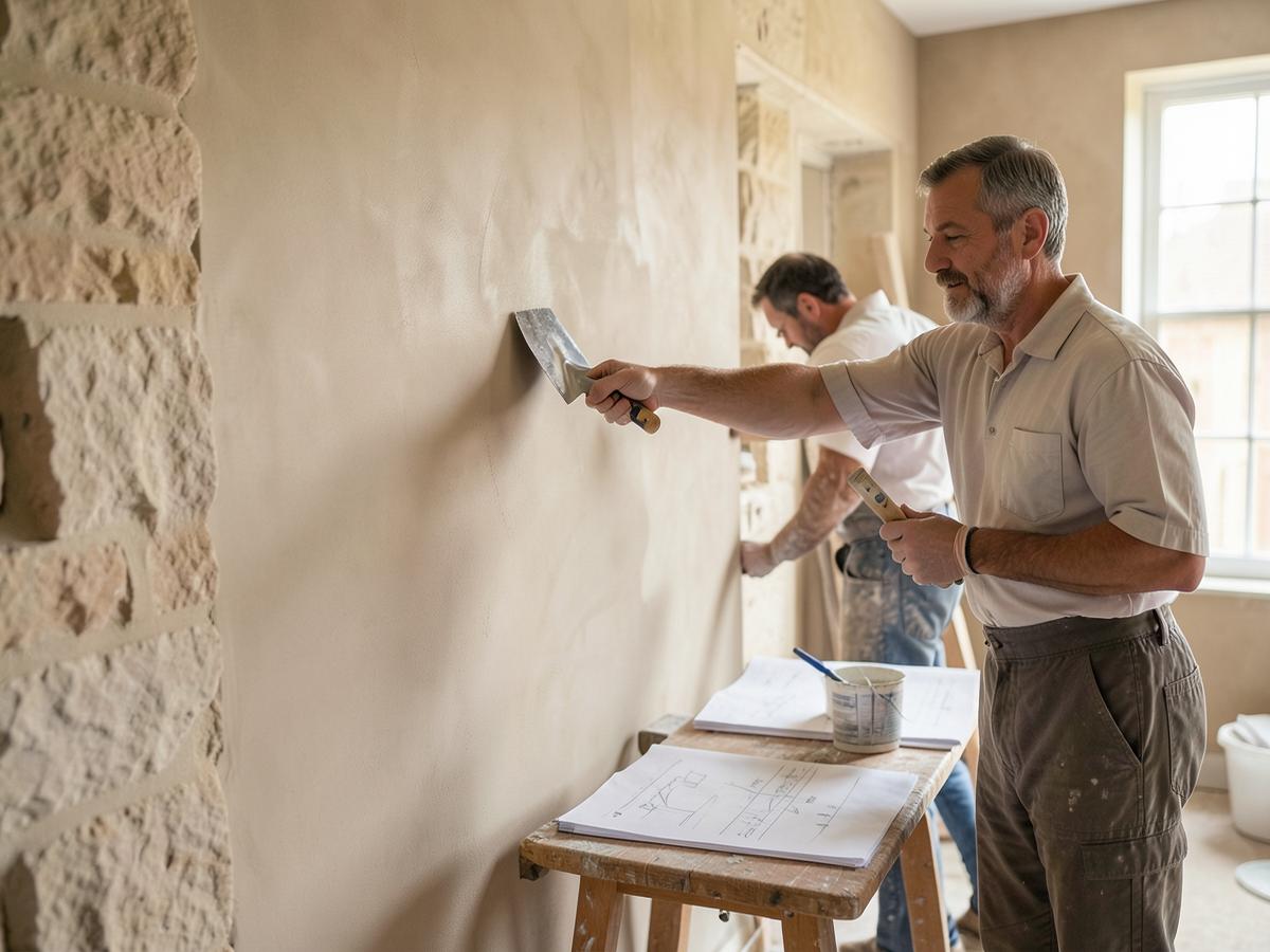 Artisans de La Clef Rénovation appliquant un enduit décoratif sur un chantier dans les Hauts-de-France